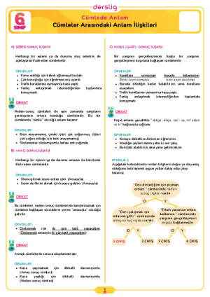 6.Sınıf 3.Tema 2.Konu (Cümleler Arasındaki Anlam İlişkileri) Çalışma Kağıdı Cevap Anahtarı