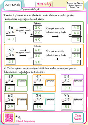 2. Sınıf Toplama Ve Çıkarma İşleminin Sonucunu Tahmin Etme Cevap Anahtarı
