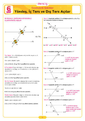 6.Sınıf 5.Tema 2.Konu (Yöndeş, İç Ters ve Dış Ters Açılar) Çalışma Kağıdı Cevap Anahtarı