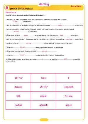 6.Sınıf 2.Tema 2.Konu (Ülkemizin Mutlak, Göreceli ve Jeopolitik Konum) Çalışma Kağıdı Cevap Anahtarı