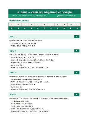 Örüntü kurallarını cebirsel olarak ifade etme Test- 3 Cevap Anahtarı