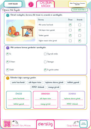 3. Sınıf Afetler Öncesi, Sırası ve Sonrasında Yapılacaklar Cevap Anahtarı
