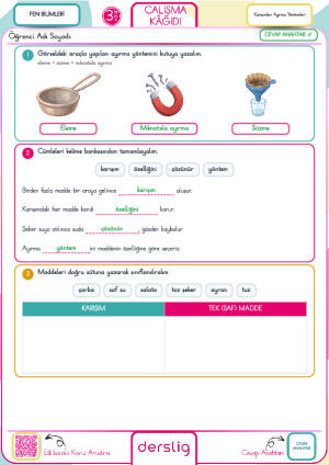3. Sınıf Karışımları Ayırma Yöntemleri (Deney) Cevap Anahtarı