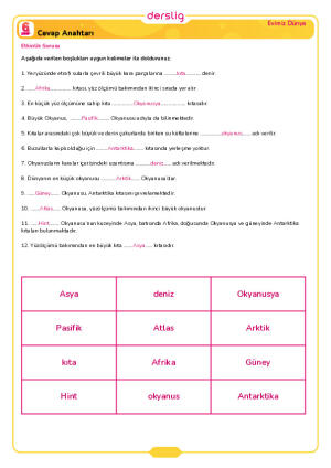 6.Sınıf 2.Tema 3.Konu (Kıtalar ve Okyanusların Konum ve Özellikleri) Çalışma Kağıdı Cevap Anahtarı