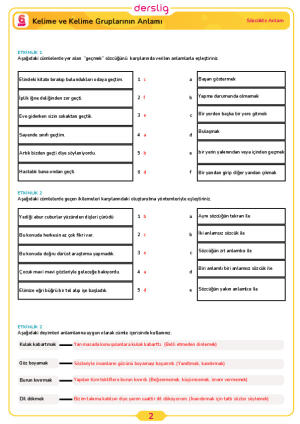 6.Sınıf 1.Tema 3.Konu (Kelime ve Kelime Gruplarının Anlamı) Çalışma Kağıdı Cevap Anahtarı