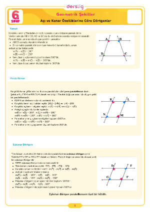 6.Sınıf 5.Tema 5.Konu (Açı ve Kenar Özelliklerine Göre Dörtgenler) Çalışma Kağıdı Cevap Anahtarı