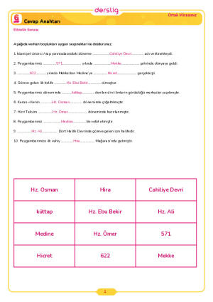6.Sınıf .Tema .Konu (Hz. Muhammed (s.a.v) ve Dört Halife Dönemi) Çalışma Kağıdı Cevap Anahtarı