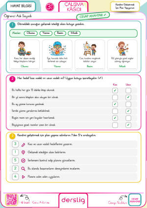 3. Sınıf Kendimi Geliştirmek İçin Plan Yapıyorum Çalışma Kağıdı-Cevap Anahtarı