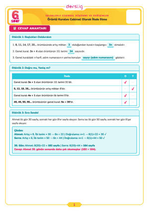 Örüntü Kuralını Cebirsel Olarak İfade Etme Cevap Anahtarı