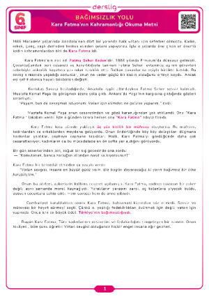 6. Sınıf 2.Tema Kara Fatma’nın Kahramanlığı Okuma Metni