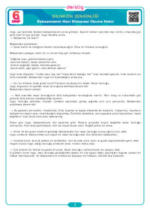6. Sınıf 1.Tema Babaannemin Mavi Bilmecesi Okuma Metni