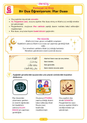 6.Sınıf 2.Tema 4.Konu (Bir Dua Öğreniyorum: İftar Duası) Çalışma Kağıdı Cevap Anahtarı