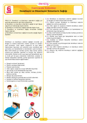 6.Sınıf 3.Tema 9.Konu (Denetleyici ve Düzenleyici Sistemlerin Sağlığı) Çalışma Kağıdı Cevap Anahtarı