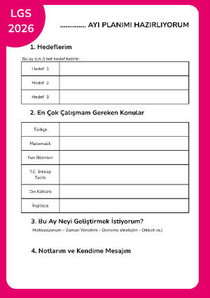 LGS 2026 Aylık ve Haftalık Ders Çalışma Programı PDF (Planlama Formu)