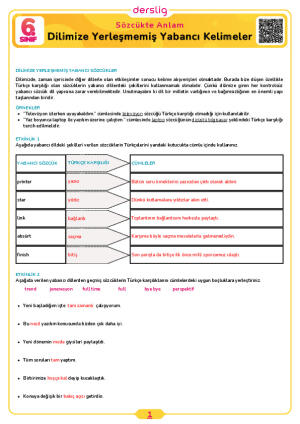 6.Sınıf 1.Tema 5.Konu (Dilimize Yerleşmemiş Yabancı Kelimeler) Çalışma Kağıdı Cevap Anahtarı
