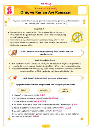 6.Sınıf 2.Tema 1.Konu (Oruç ve Kur’an Ayı Ramazan) Çalışma Kağıdı Cevap Anahtarı