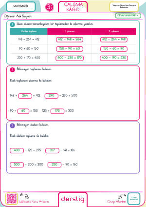 3. Sınıf Toplama ve Çıkarma İşlem Süreçlerini İlişkilendirelim Cevap Anahtarı