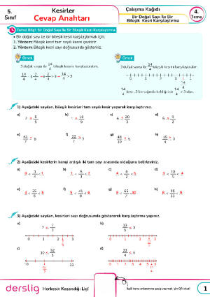 5. Sınıf 4. Tema 5. Konu Özeti(Bir Doğal Sayı İle Bir Bileşik Kesri Karşılaştırma) Cevap Anahtarı