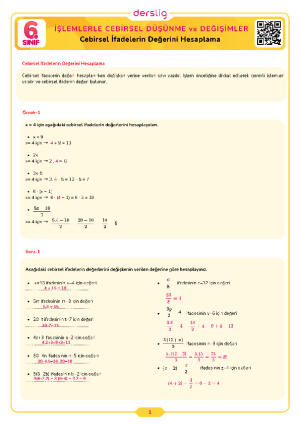 6.Sınıf 6.Tema 4.Konu (Cebirsel İfadelerin Değerini Hesaplama) Çalışma Kağıdı Cevap Anahtarı