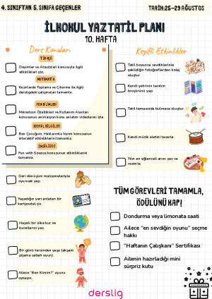 Yaz Tatil Planı 10. Hafta 4ten 5e geçenler