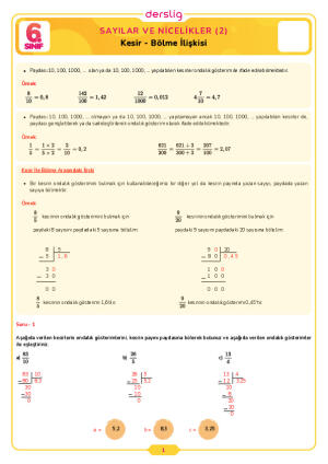 6.Sınıf 3.Tema 3.Konu (Kesir - Bölme İlişkisi) Çalışma Kağıdı Cevap Anahtarı