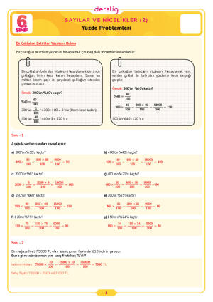 6.Sınıf 3.Tema 4.Konu (Yüzde Problemleri) Çalışma Kağıdı Cevap Anahtarı