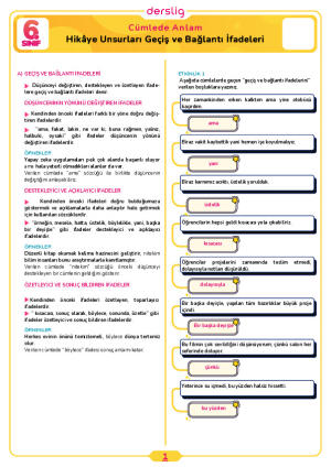 6.Sınıf 3.Tema 8.Konu (Hikâye Unsurları Geçiş ve Bağlantı İfadeleri) Çalışma Kağıdı Cevap Anahtarı