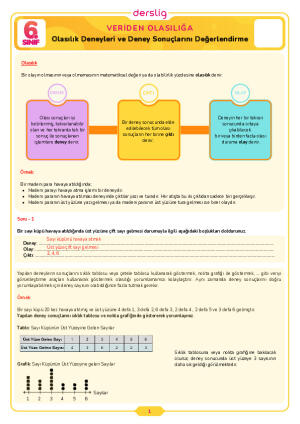 6.Sınıf 1.Tema 1.Konu (Olasılık Deneyleri ve Deney Sonuçlarını Değerl) Çalışma Kağıdı Cevap Anahtarı