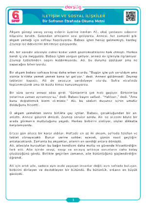 6. Sınıf 4.Tema Bir Sofranın Etrafında Okuma Metni