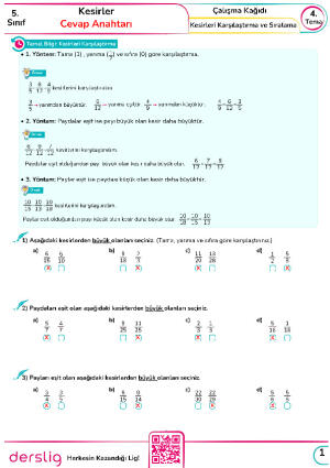 5. Sınıf 4. Tema 10. Konu Özeti Kesirleri Karşılaştırma ve Sıralama Cevap Anahtarı