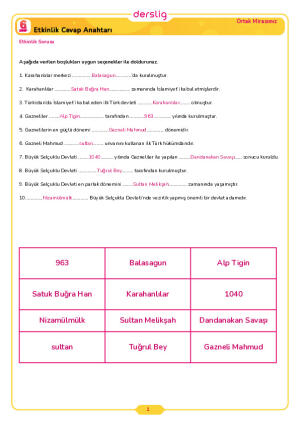 6.Sınıf 1.Tema 1.Konu (İlk Türk İslam Devletleri) Çalışma Kağıdı Cevap Anahtarı