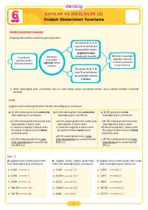 6.Sınıf 3.Tema 2.Konu (Ondalık Gösterimleri Yuvarlama) Çalışma Kağıdı Cevap Anahtarı