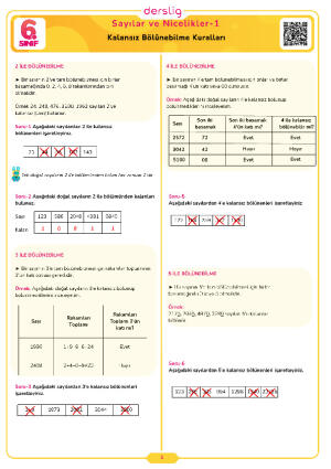 6.Sınıf 1.Tema 2.Konu (Kalansız Bölünebilme Kuralları) Çalışma Kağıdı Cevap Anahtarı