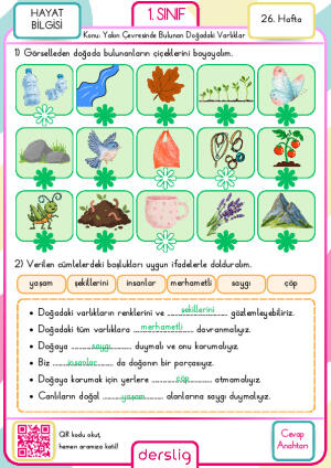 1. Sınıf 26. Hafta Ödevi Cevap Anahtarı