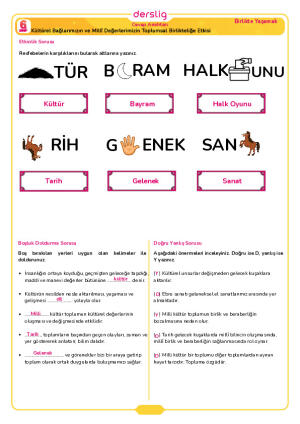6.Sınıf 1.Tema 2.Konu (Kültürel Bağlarımız ve Toplumsal Birlikteliğim) Çalışma Kağıdı Cevap Anahtarı