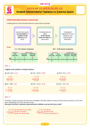 6.Sınıf .Tema .Konu (Ondalık Gösterimlerle Toplama ve Çıkarma İşlemi) Çalışma Kağıdı Cevap Anahtarı