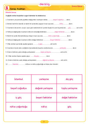6.Sınıf 6.Tema 7.Konu (Ülkemizin Beşeri Özellikleri) Çalışma Kağıdı Cevap Anahtarı