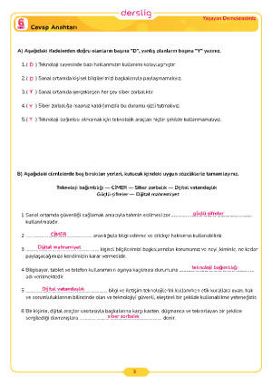 6.Sınıf 4.Tema 3.Konu (Dijitalleşme ve Teknolojik Gelişmelerin Vatand) Çalışma Kağıdı Cevap Anahtarı