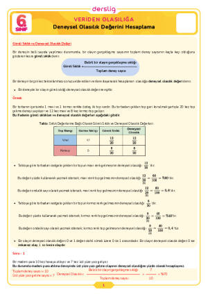 6.Sınıf 4.Tema 3.Konu (Deneysel Olasılık Değerini Hesaplama) Çalışma Kağıdı Cevap Anahtarı