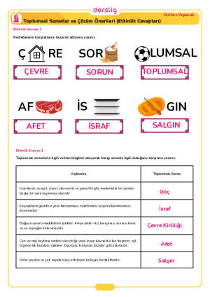 6.Sınıf 1.Tema 3.Konu (Toplumsal Sorunlar ve Çözüm Önerileri) Çalışma Kağıdı Cevap Anahtarı