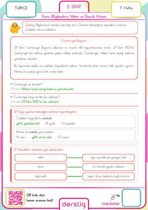 3. Sınıf 7. Hafta Ödevi Cevap Anahtarı