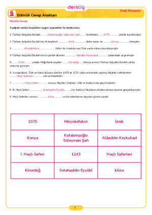 6.Sınıf 3.Tema 5.Konu (Türkiye Selçuklu Devleti ve Haçlı Seferleri) Çalışma Kağıdı Cevap Anahtarı