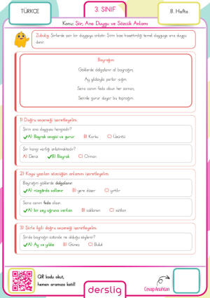 3. Sınıf 8. Hafta Ödevi Cevap Anahtarı