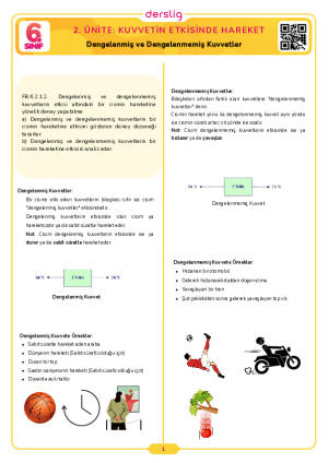 6.Sınıf .Tema 3.Konu (Dengelenmiş ve Dengelenmemiş Kuvvetler) Çalışma Kağıdı Cevap Anahtarı