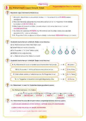 6.Sınıf 4.Tema 3.Konu (Hz. Muhammed’in (sav) Gençlik Yılları) Çalışma Kağıdı Cevap Anahtarı
