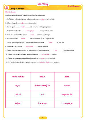 6.Sınıf 3.Tema 1.Konu (İlk Türk Devletlerinde Sosyal ve Kültürel Haya) Çalışma Kağıdı Cevap Anahtarı