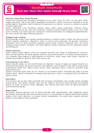 6. Sınıf 1.Tema Sazın Sesi, Sözün Gücü Aşıklık Geleneği Okuma Metni