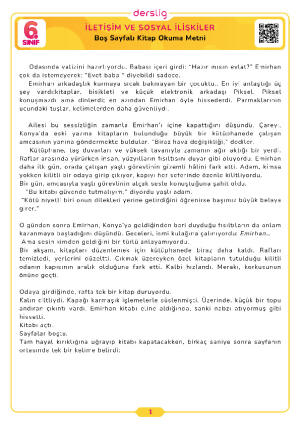6. Sınıf 4.Tema Boş Sayfalı Kitap Okuma Metni