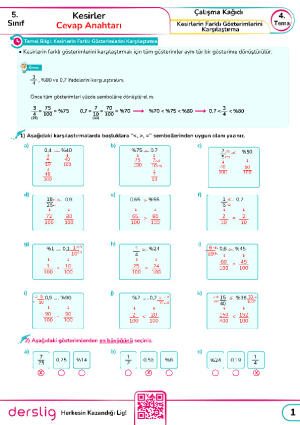 5. Sınıf 4. Tema 12. Konu Özeti Kesirlerin Farklı Gösterimlerini Karşılaştırma Cevap Anahtarı