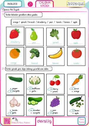 2. Sınıf Basic food types, items and meals (Fruits and Vegetables) Çalışma Kağıdı cevap anahtarı